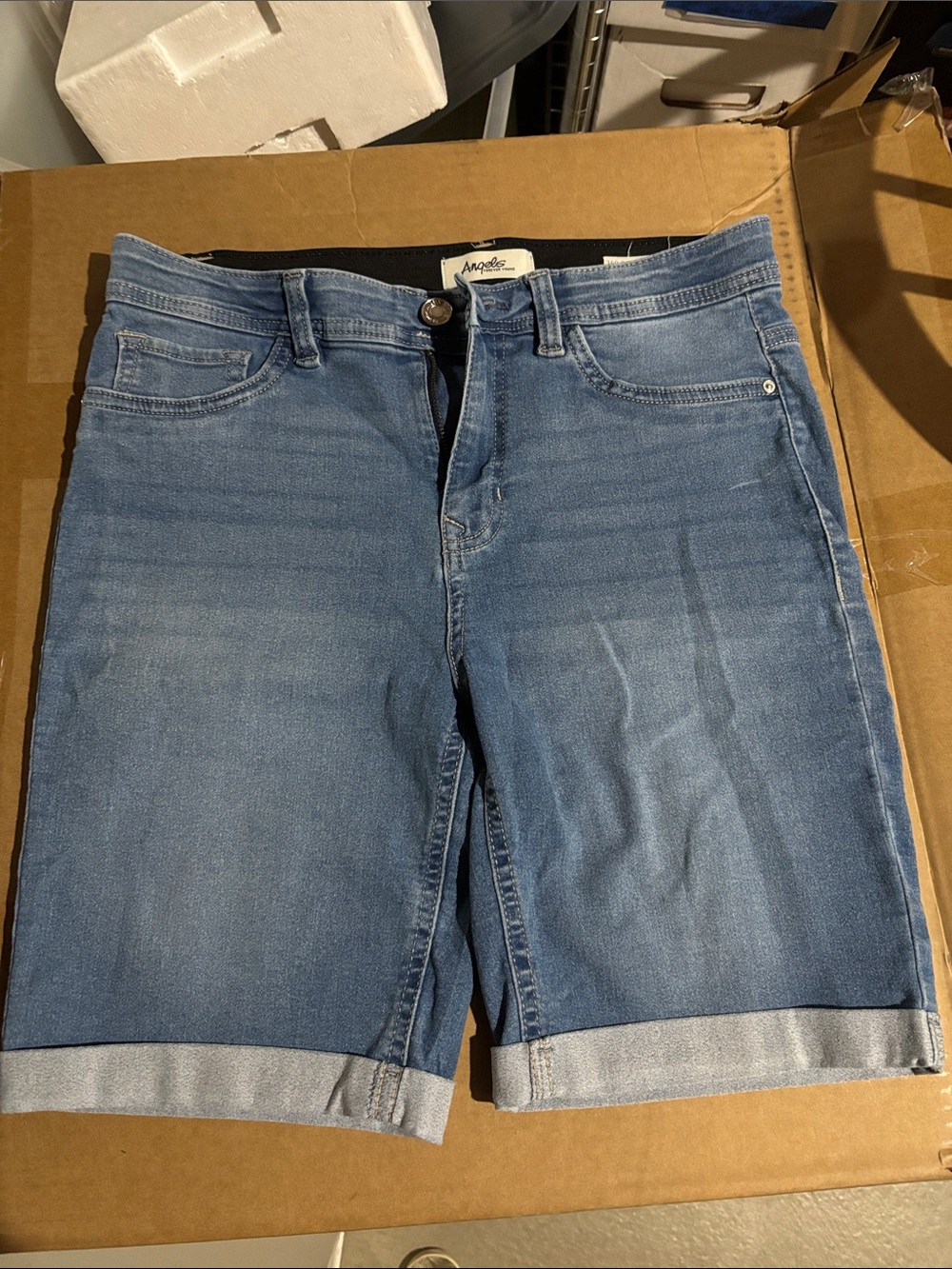 Angels Forever Young Medium Blue Denim Bermuda Shorts with Rolled Hem